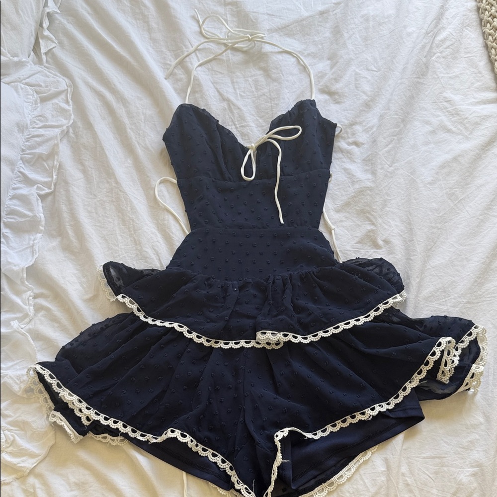 Lucy in the Sky Navy Blue Mini Dress with White Trim